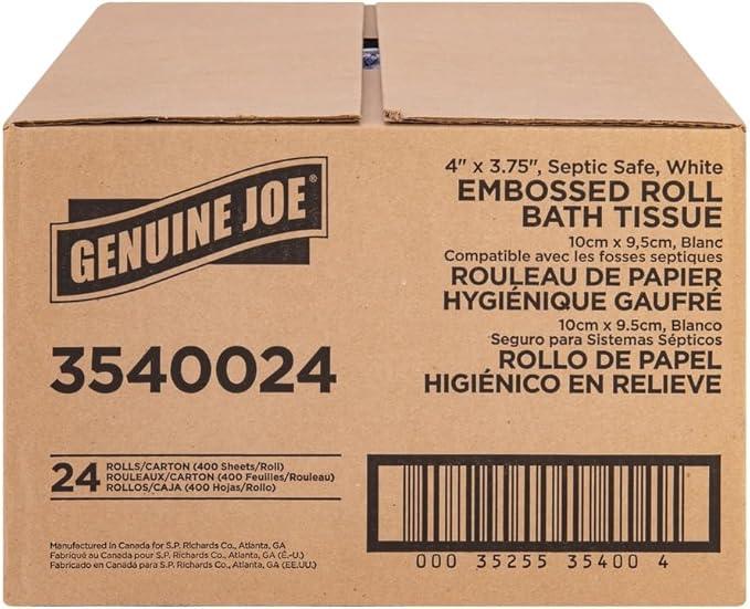 Genuine Joe Embossed Bath Tissue, 2-Ply, Septic Safe, Individually Wrapped, 4" x 3.75", 400 Sheets/Roll, 24 Count - ModernBath