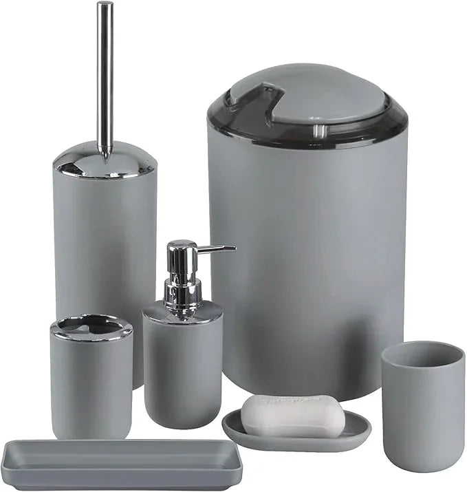 IMAVO Bathroom Accessories Set,Grey Bathroom Set,7 Pieces Bathroom Accessory Set,Tray,Toilet Brush,Trash Can for Bathroom Décor and Housewarming Gifts - ModernBath
