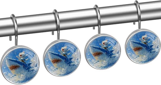 Cat Riding Shark Shower Curtain Hooks Rings, Stainless Steel Rust Proof Shower Curtain Hooks, Decorative Shower Hooks for Bathroom Shower Rods Curtains, Set of 12 - ModernBath