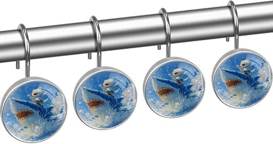 Cat Riding Shark Shower Curtain Hooks Rings, Stainless Steel Rust Proof Shower Curtain Hooks, Decorative Shower Hooks for Bathroom Shower Rods Curtains, Set of 12 - ModernBath