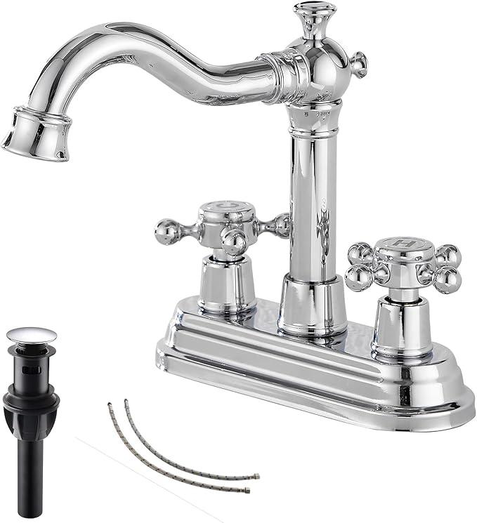 Chrome Bathroom Faucet GGStudy 2 Handles 4 Inches Centerset Bathroom Vanity with Drain Assembly and Supply Hose Lavatory Faucet Mixer Double Handle Tap - ModernBath