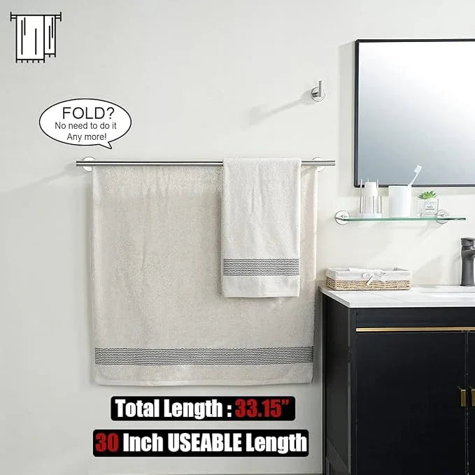 JQK Double Bath Towel Bar, 33 Inch 304 Stainless Steel Thicken 0.8mm Towel Rack for Bathroom, Brushed Finished Wall Mount, 30 Inch Useable Length 2 Pack, TB100L30-BN-P2 - ModernBath