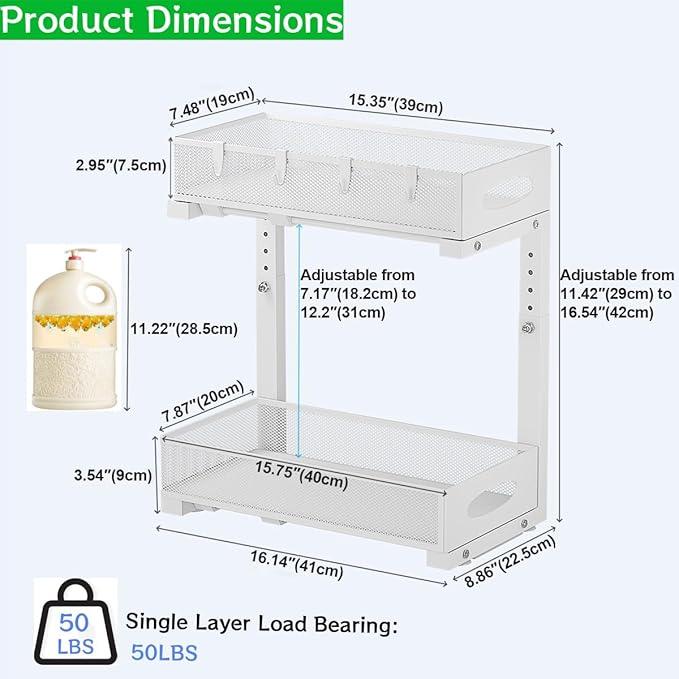 Under Sink Organizer, 2-Tier Pull Out Cabinet Organizer with Adjustable Height, Use in Kitchen Bathroom Cabinet and Countertop Storage, White, 2-Pack - ModernBath