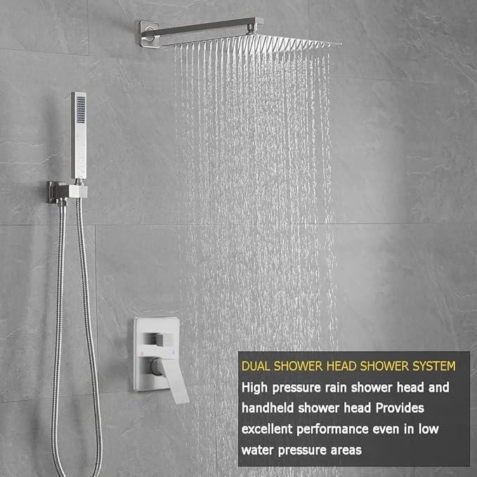 Heable Brushed Nickel Shower System 10 Inches Bathroom Luxury Rain Shower Head with Handheld Combo Set Wall Mounted High Pressure Rainfall Shower Head System Shower Faucet with Valve and Trim Kit - ModernBath