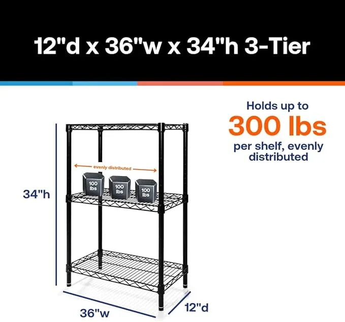 Shelving Inc. 12"d x 36"w x 34"h Black Wire Shelving wtih 3 Tier Shelves, Weight Capacity 300lbs Per Shelf - ModernBath
