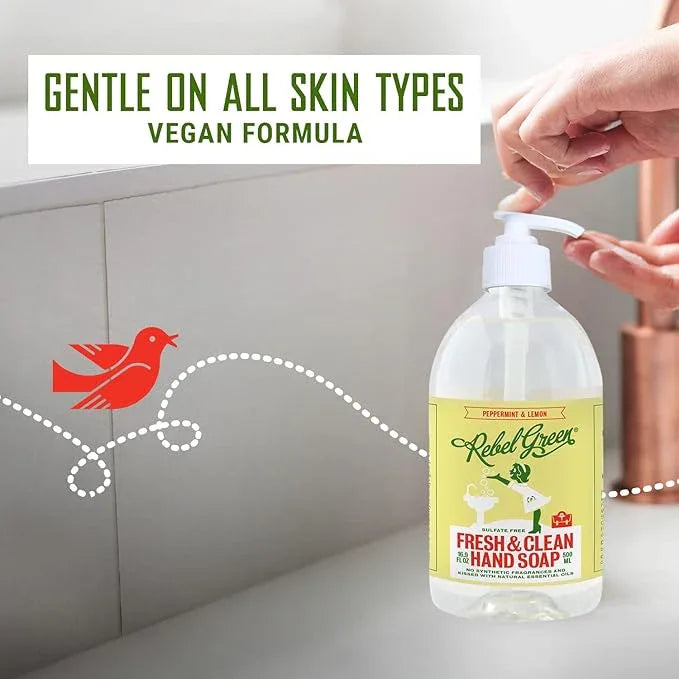 Rebel Green Liquid Hand Soap - Moisturizing Natural Bathroom & Kitchen Liquid Soap - Gentle Household Hand Wash (Peppermint and Lemon, 16.90 Fl Oz (Pack of 4)) - ModernBath