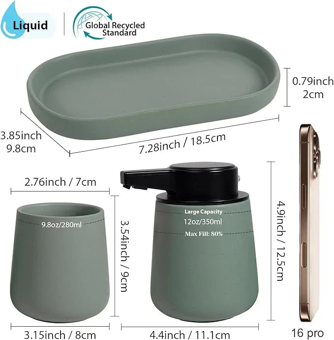INGOFIN Automatic Ceramic Bathroom Accessory Set - 3 Pcs Auto Liquid Soap Dispenser Touchless, Toothbrush Holder & Tray, Smart Electric Bathroom Counter Set for Home, Guest Room, or Office, Green - ModernBath