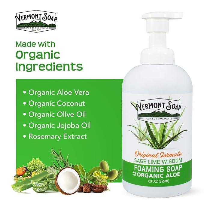 VERMONT SOAP Organic Sage Lime Wisdom Foaming Hand Soap - Natural Moisturizing Soap for Dry Skin - Fragrance Free Liquid Bathroom Hand Soap Dispenser - Sage Lime Wisdom - 12 oz - ModernBath