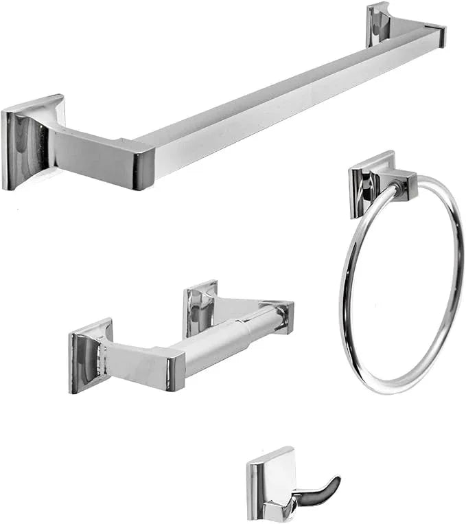 SENTO Cellar Classic Bathroom Accessories Set, Heavy Duty Metal Bath Hardware Set Wall Mounted, Includes Robe Hook, Standard Toilet Paper Holder, Towel Ring, 24” Towel Bar (4-Piece, Polished Chrome) - ModernBath