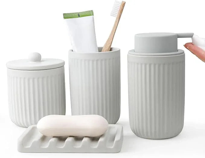 BosilunLife Light Grey Bathroom Accessories Set - Ceramic Bathroom Counter Soap Set Bathroom Decor Sets Accessories Bathroom Foam Soap Dispenser and Toothbrush Holder Set, Soap Dish, Apothecary Jars - ModernBath