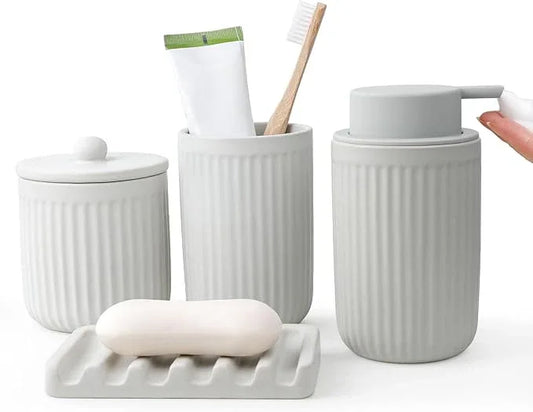 BosilunLife Light Grey Bathroom Accessories Set - Ceramic Bathroom Counter Soap Set Bathroom Decor Sets Accessories Bathroom Foam Soap Dispenser and Toothbrush Holder Set, Soap Dish, Apothecary Jars - ModernBath