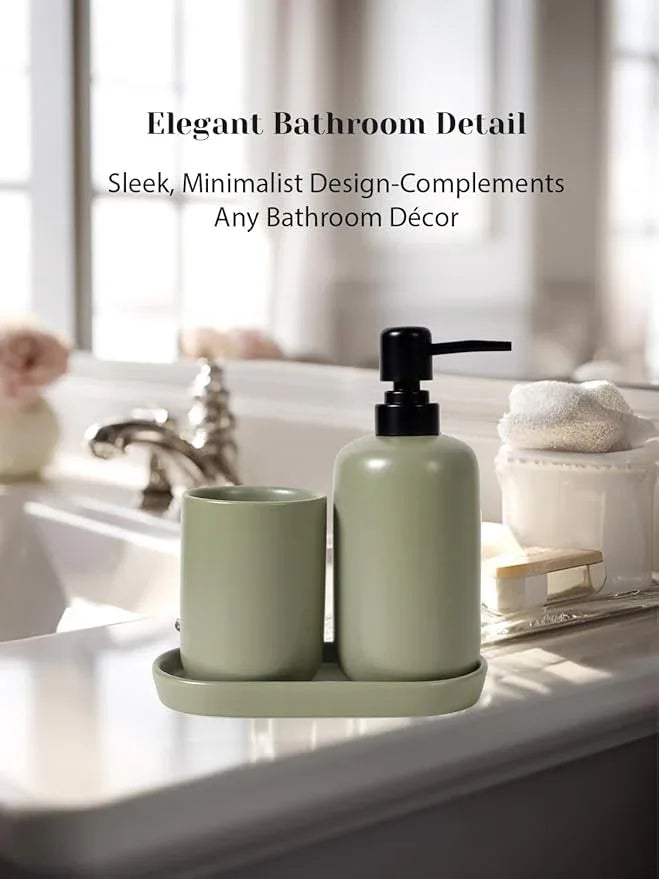 INGOFIN 3 Pcs Ceramic Bathroom Accessory Set - Liquid Soap Dispenser, Toothbrush Holder & Tray, Bathroom Counter Set, Countertop Essentials for Home, Guest Bathroom, or Office Use, Dark Green - ModernBath