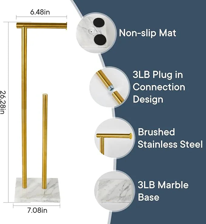 Toilet Paper Holder Stand with Weighted Natural Marble Base, Bathroom Free Standing Toilet Paper Roll Holder with Reserve, Standing Toilet Tissue Holder with Storage (Brushed Gold, with Storage) - ModernBath