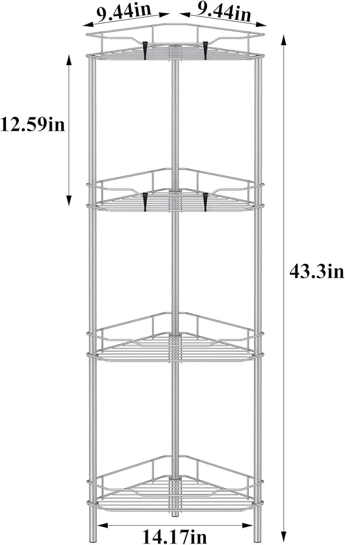 4 Tier Floor Standing Corner Shower Caddy Organizer Shelf with Hooks, Bathroom Shelves Stand Rack, Silver - ModernBath