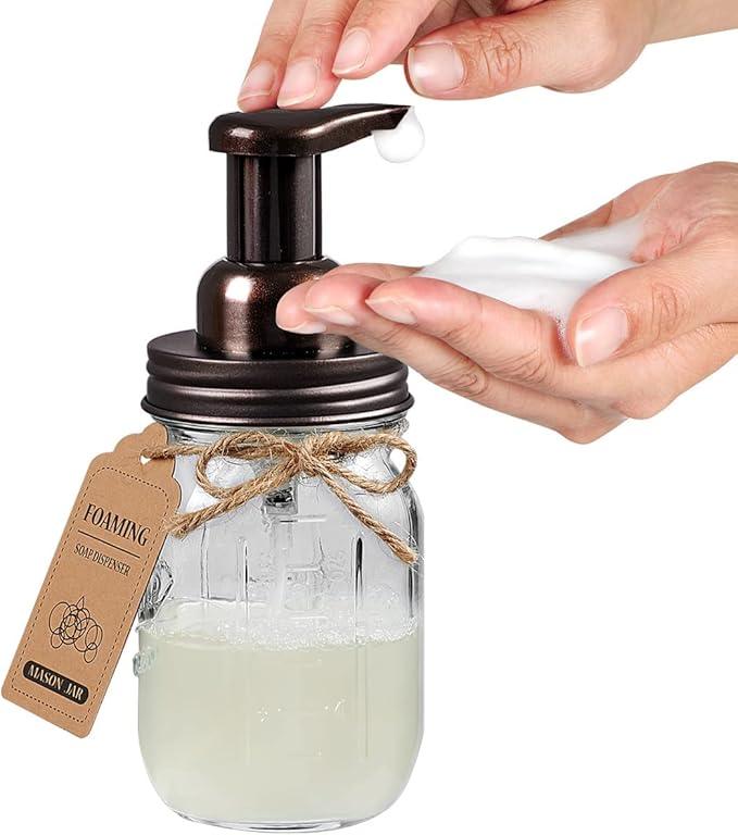 Amolliar Mason Jar Bathroom Accessories Set 4 Pack - Foaming Soap Dispenser&2 Qtip Holders&Toothbrush Holder-Rustic Farmhouse Decor Bathroom Organizer Apothecary Jar Country Countertop (Bronze) - ModernBath