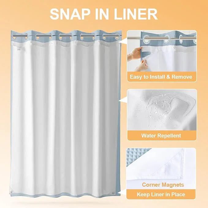 River Dream Cotton Blend Shower Curtain with Snap in Liner, Light Blue No Hook Shower Curtains for Bathroom, Hotel Grade, Water Repellent, 71" W x74 L - ModernBath