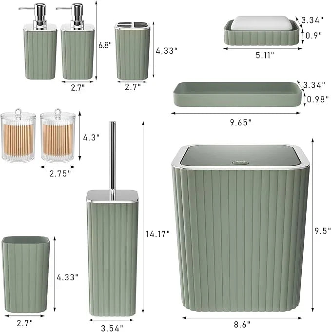 XLHOMO Bathroom Accessories Set - Gorgeous Sage Green Bathroom Set, 10PC Bathroom Accessory Set, Toilet Brush, Trash Can, Qtip Holder Dispenser & Soap Dispenser - ModernBath