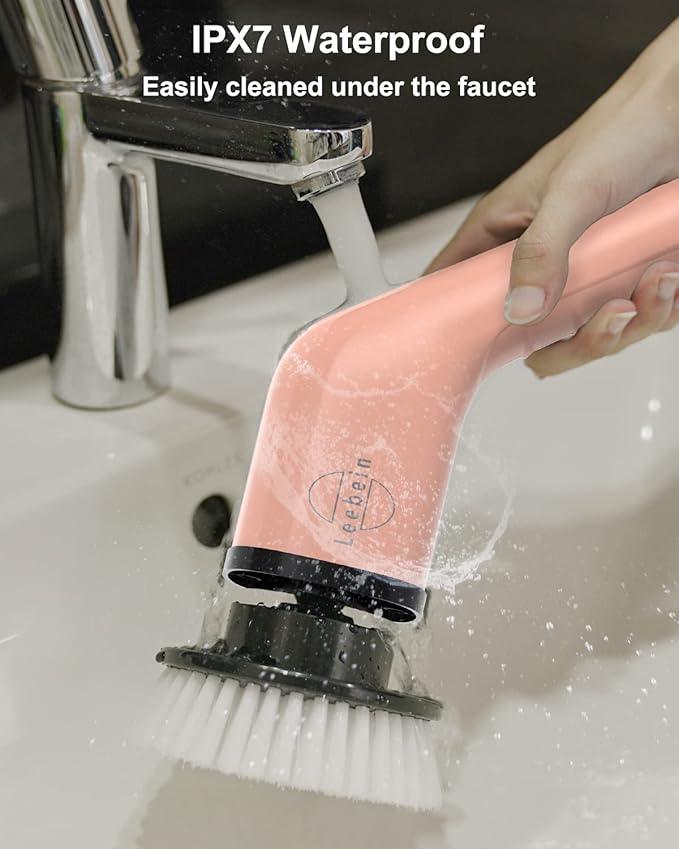 Leebein Electric Spin Scrubber, Cordless Powerful Scrub Brush for Cleaning Bathroom, Kitchen, Shower Tub and Floor Tile with Adjustable Extension Long Handle and 8 Replaceable Brush Heads(Rose) - ModernBath