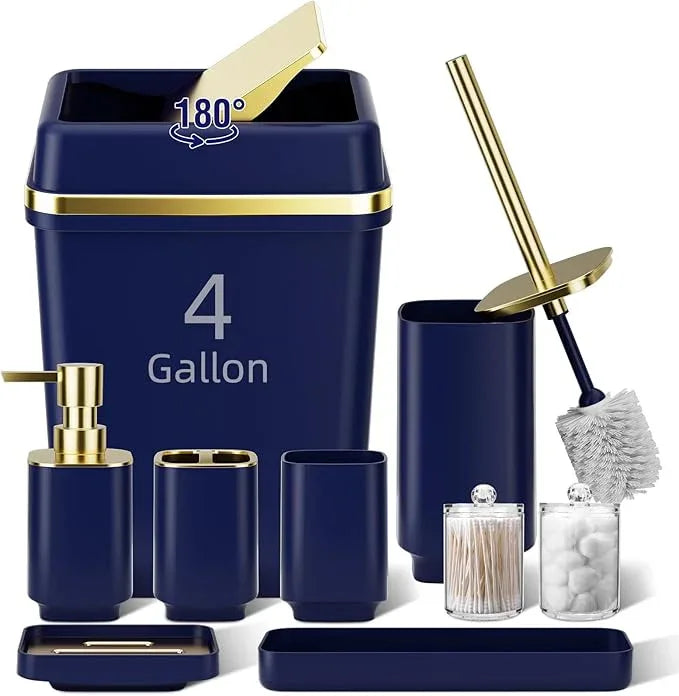 9PCS Bathroom Accessory Set, Navy Blue Bathroom Set with Large-Capacity 4 Gallon Trash Can, Bathroom Accessories Set Complete Toothbrush Holder, Soap Dispenser, Toilet Brush, Bathroom Decor - ModernBath