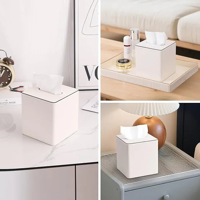 KINGFOM Leather Tissue Box Cover – Square Modern PU Leather Tissue Holder, Cube Tissue Dispenser for Home, Office, Bedroom, Bathroom – Elegant Minimalist Style (Ivory White-Square) - ModernBath