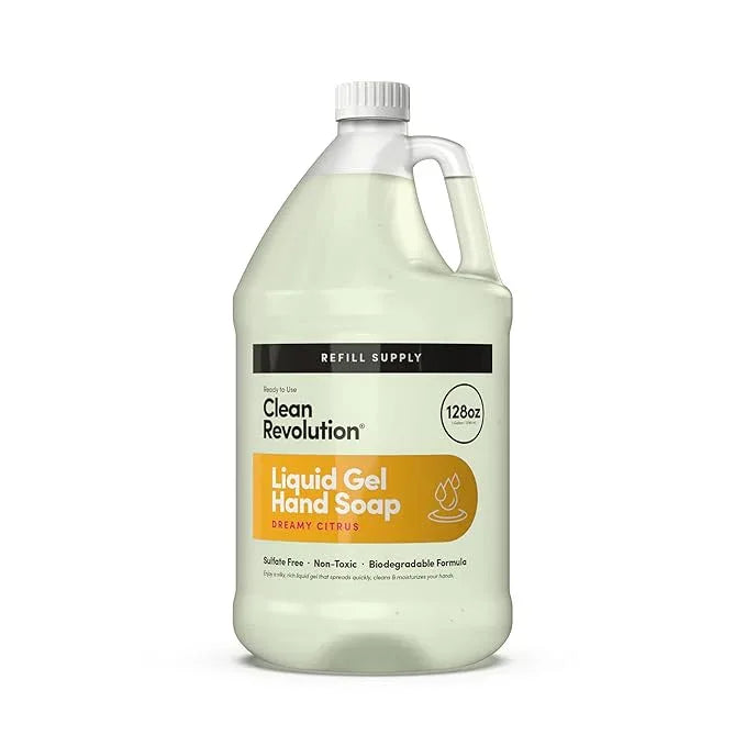 Clean Revolution Liquid Gel Hand Soap, Silky Rich Liquid, Quick Lather, Fast Rinsing, Contains Real Essential Oils (Dreamy Citrus) 128 Fl Oz - ModernBath