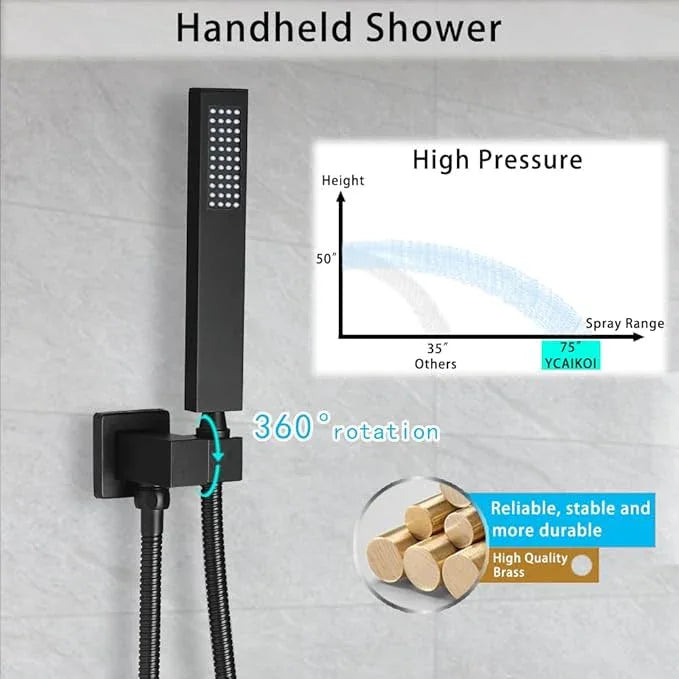 Matte Black Shower System YCAIKOI Wall Mount Shower Faucet Set for Bathroom 10 Inch High Pressure Luxury Shower Head with Handheld, Rough-in Valve Body and Trim Included - ModernBath