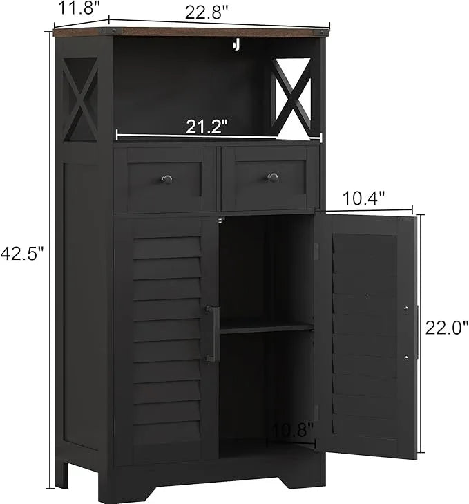 ChooChoo Farmhouse Storage Cabinet, Bathroom Floor Cabinet with Doors and Drawers, Kitchen Pantry Cabinet for Living Room, Laundry, Black - ModernBath
