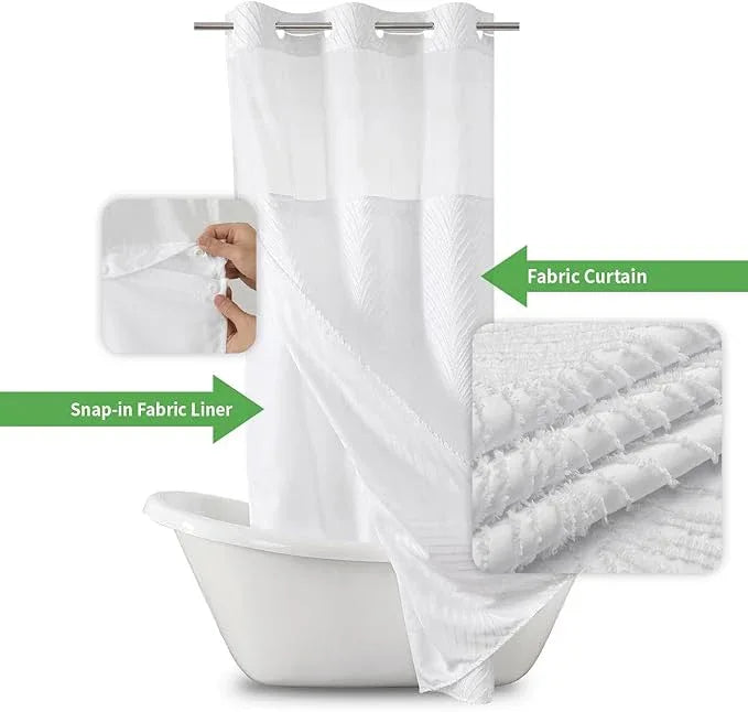 eachope stall no Hook Tufted Shower Curtain with snap in Liner Set, White Waterproof Fabric Inner Liner,Boho Style Shower Curtain with See Through top Window, White, 36Wx74H - ModernBath