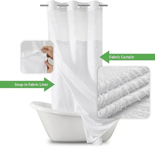eachope stall no Hook Tufted Shower Curtain with snap in Liner Set, White Waterproof Fabric Inner Liner,Boho Style Shower Curtain with See Through top Window, White, 36Wx74H - ModernBath