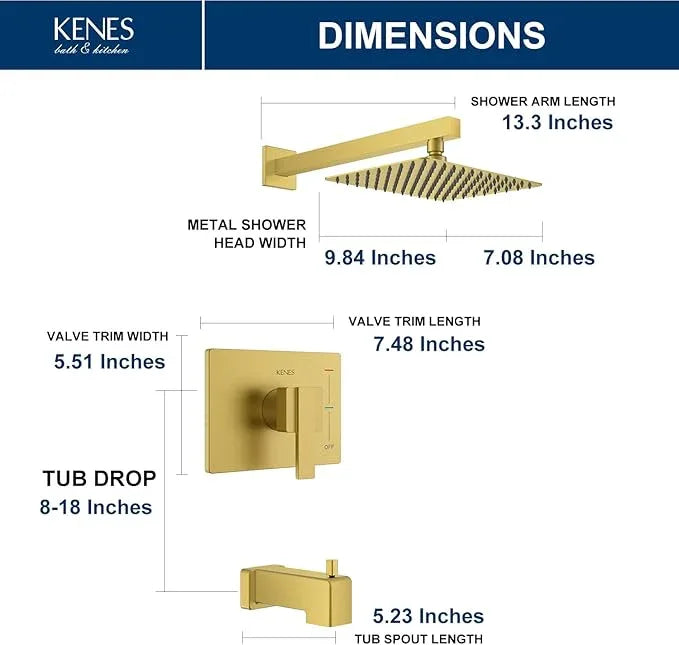 KENES Brushed Gold Tub and Shower Trim Kit, Square Tub Shower Faucet Set Complete with 10-Inch Rainfall Shower Head and Tub Spout, KE-6024A-4 (Shower Valve Included) - ModernBath