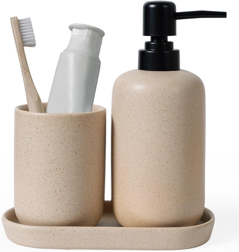 INGOFIN 3 Pcs Ceramic Bathroom Accessory Set - Liquid Soap Dispenser, Toothbrush Holder & Tray, Bathroom Counter Set, Countertop Essentials for Home, Guest Bathroom, or Office Use, Beige - ModernBath