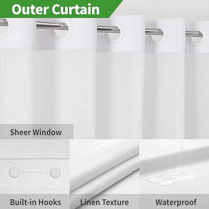 eachope Stall No Hooks Needed Linen Textured Shower Curtain with Snap-in Fabric Liner Set,Hotel Luxury Decor Shower Curtains for Bathroom,Waterproof & Washable,60Wx74H,White - ModernBath