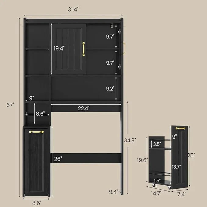 Over The Toilet Storage Cabinet with Pulley, Bathroom Cabinet, Space Saver W/Adjustable Shelf Rack for Bathroom, Restroom, Laundry (Black-Type A) - ModernBath
