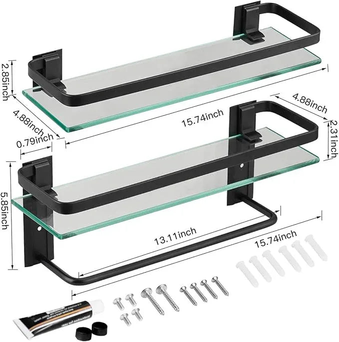 VOLPONE Glass Bathroom Shelf with Towel Bar 15.7in Bathroom Wall Shelves Rustproof Metal Bathroom Wall Organizer 2-Tier (Black) - ModernBath