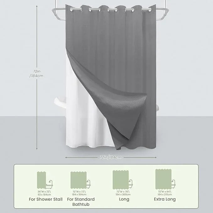 Inhousolu No Hook Waffle Weave Shower Curtain with Removable Snap in Fabric Liner Set for Bathroom, 230 GSM Heavy Duty Weighted Hem, Water Repellent Washable Bath Curtains, 72 x 72 Inch, Grey - ModernBath