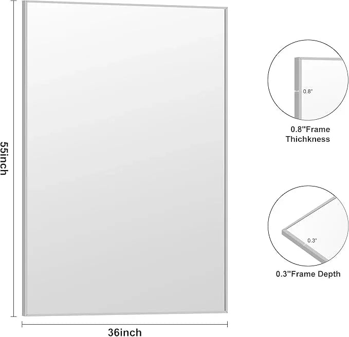 KOCUUY Silver Bathroom Mirror, 55"x36" Large Rectangle Bathroom Mirror for Wall, HD Tempered Glass, Anti-Rust Brushed Silver Frame, Modern Design for Bathroom, Bedroom, Hang Horizontal/Vertical - ModernBath