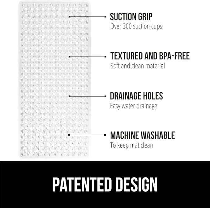 GORILLA GRIP Patented Bath Tub Shower Mat, Machine Washable Bathtub Floor Liner Mats, Suction Cups and Drain Holes to Keep Tubs Clean, Soft on Feet, Bathroom Essentials, 35x16 Inch, Clear - ModernBath