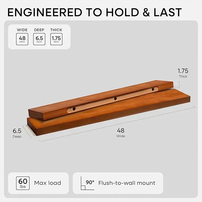 Homeforia 48 inch Oak Floating Shelf, High End Solid Real Wood 48inch Floating Shelves for Wall Mounted, Honey Oak Wooden 48in Large Floating Shelves, Heavy Duty Bracket, 48 X 6.5 X 1.75 in, Set of 2 - ModernBath