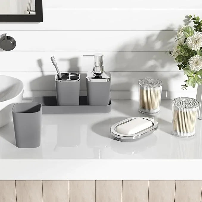 XLHOMO Grey Bathroom Accessories Set, Bathroom Sets with Shower Curtain and Rugs, Trash Can, Tray, Soap Dispenser, Soap Dish, Toothbrush Holder, Toothbrush Cup,Toilet Brush and Qtip Holders for Home - ModernBath