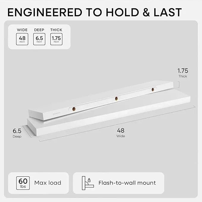 Homeforia White Floating Shelf 48 inches, High End Solid Real Wood 48inch Long Floating Shelves for Wall Mounted, White Wooden 48in Floating Shelves, Heavy Duty Bracket, 48 X 6.5 X 1.75 inch, Set of 2 - ModernBath