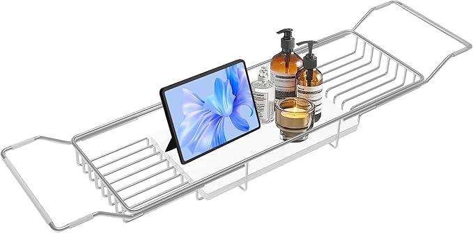 BVL Bathtub Tray Stainless Steel with Marble Base Chrome Bathtub Tray with White Marble Base Adjustable & Rustproof Bath Caddy for Spa, Relaxation, Bath Bombs - ModernBath