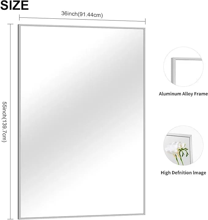COFENY 36x55inch Bathroom Mirror, Silver Rectangle Mirror with Thin Metal Frame, Large Rectangular Wall Mirrors for Bathroom, Living Room, Hair Salon, Big Mirror Hang Horizontal/Vertical - ModernBath