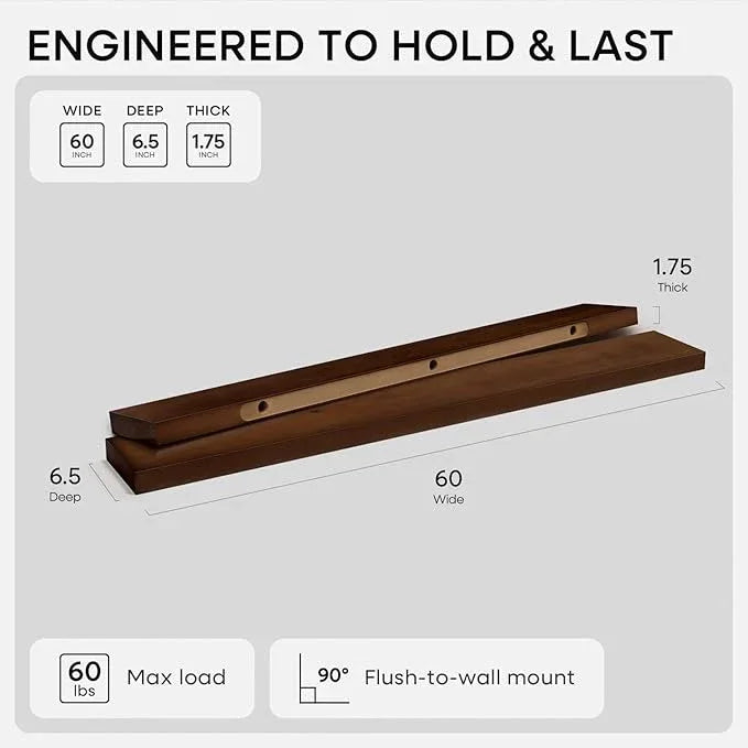 Homeforia Walnut 60 inch Floating Shelf, High End Solid Real Wood 60inch Long Floating Shelf for Wall, Dark Brown Wooden 60in Large Floating Shelves, Heavy Duty Bracket, 60 X 6.5 X 1.75 inch, Set of 2 - ModernBath