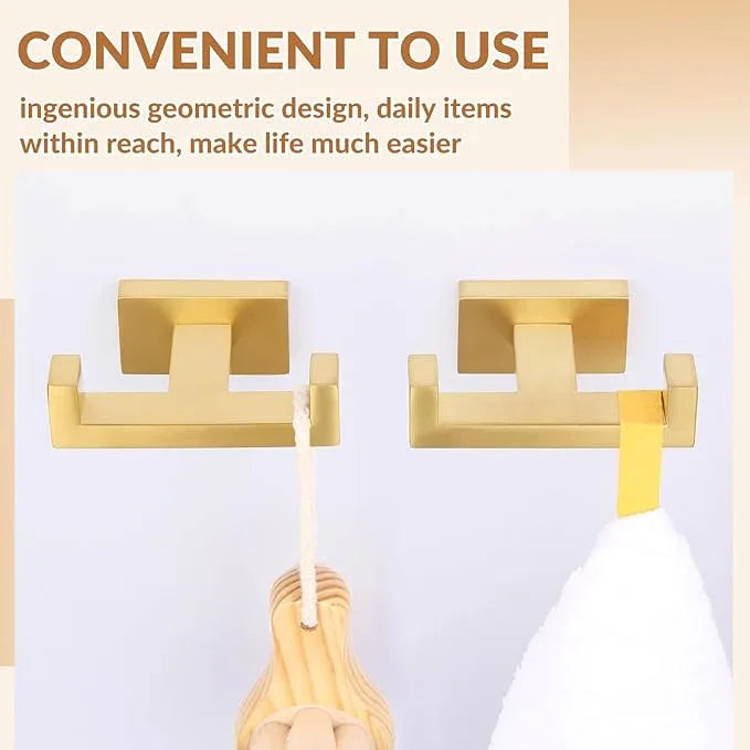 APLusee Double Bath Towel Hook 2 Pack, Solid Stainless Steel Square Dual Coat Holder, Modern Bathroom Kitchen Storage Hanger Wall Mounted, Brushed Gold - ModernBath
