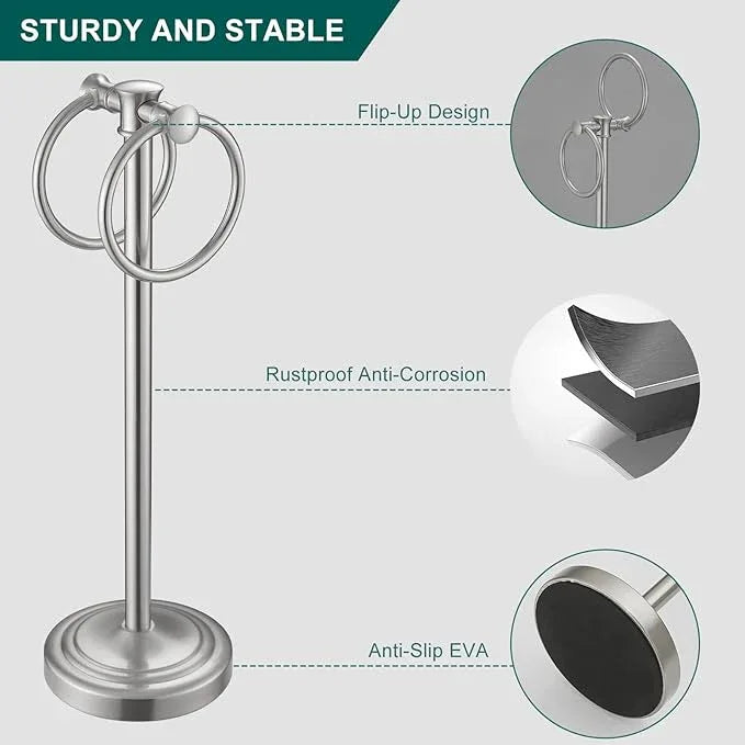 Hoimpro 17" Brushed Nickel Standing Towel Rack Bracket, Double Towel Ring Hand Towel Free Stand Holder Bathroom Hardware Accessories Set, Towel Bar for Bathroom Vanities and Kitchen Countertops - ModernBath