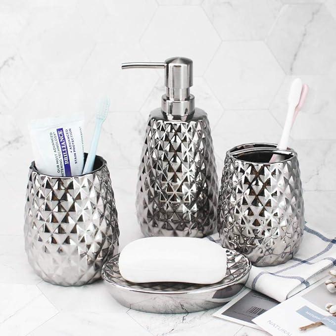 Silver Bathroom Accessories Set, Moroccan Trellis Bathroom Ensemble Complete Sets for Bath Decor Includes Soap Dispenser Pump, Toothbrush Holder, Tumbler, Soap Dish, Ideas Home Gift - ModernBath