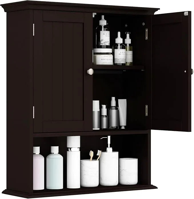 Giantex Wall Mounted Medicine Cabinets - Above Toilet Bathroom Cabinet with Adjustable Shelf, Open Shelf, Over The Toilet Space Saver Storage Cabinet for Laundry Room, Kitchen, Cupboard (Brown) - ModernBath