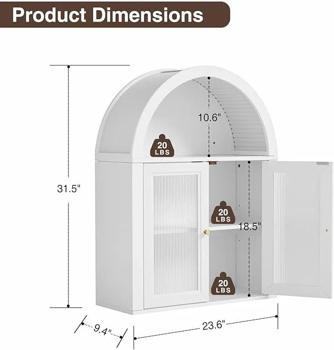Arched Bathroom Cabinet, Wall Mounted Bathroom Cabinet with Tempered Glass Doors and Adjustable Shelf, for Kitchen, Living Room, Laundry Room, Restroom, White - ModernBath
