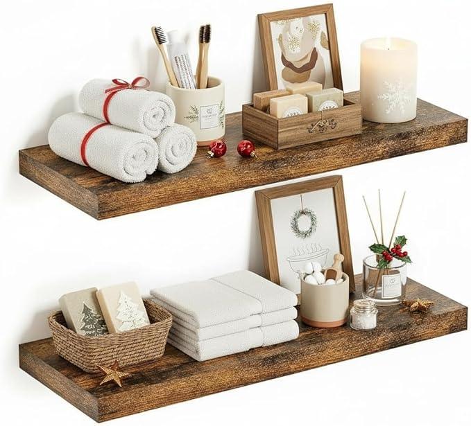 Vivelove 24 inchs Bathroom Floating Shelves for Wall, 9.1” Deep x 1.6” Thick Wall Shelves for Bedroom, Living Room, Kitchen, Office, Rustic Farmhouse Shelf Decor with Invisible Bracket, Set of 2 - ModernBath