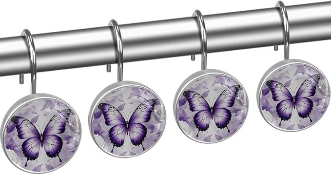 Purple Butterfly and Flower Shower Curtain Hooks, 12Pcs Decorative Rust Resistant Shower Rings for Shower Curtain Rods, Stainless Steel Round Curtain Hooks for Bathroom, Bedroom - ModernBath